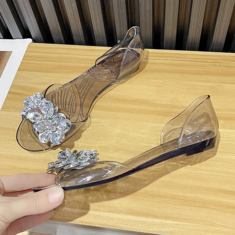 2026 Summer Women Glitter Sequins Jelly Sandals Clear Crystal Flat Peep Toe Transparent Outdoor Casual Slip On Footwear