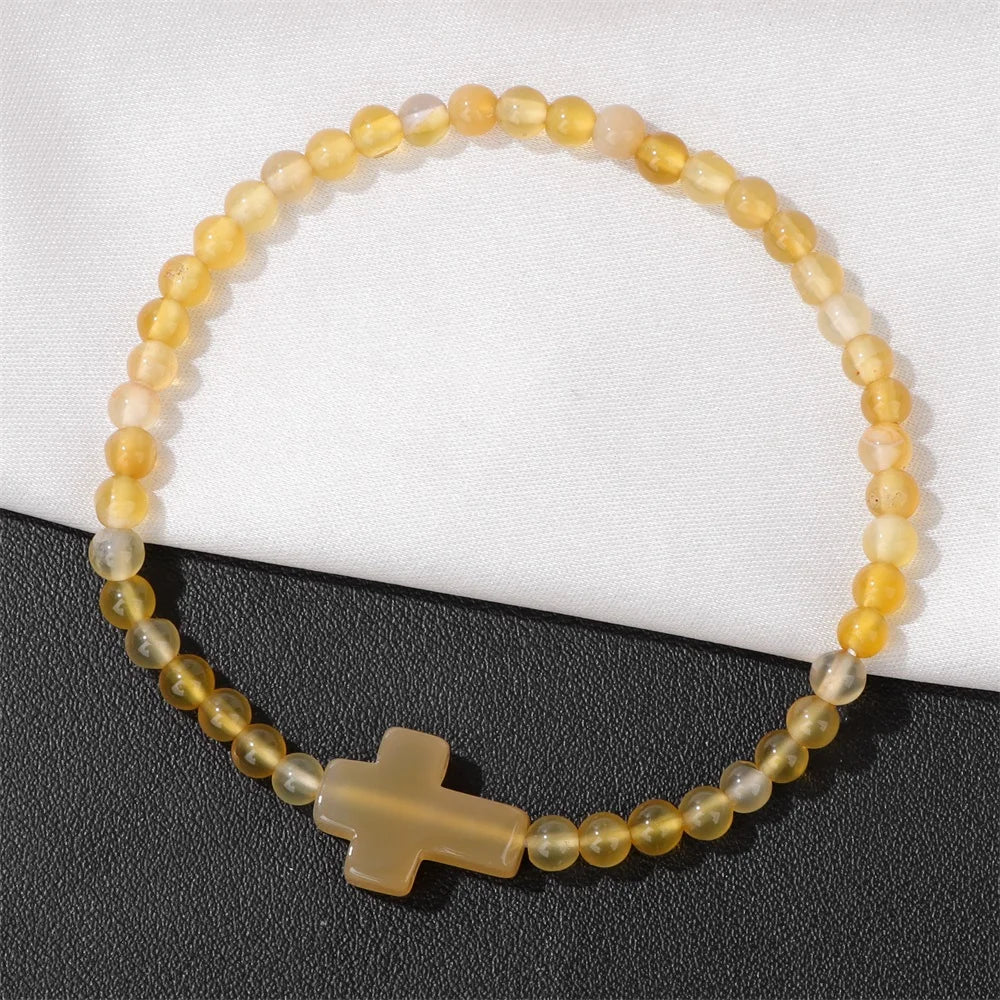Trendy 4mm Beads Bracelet Stone Cross Charms Bracelet For Women Natural Gems Crystal Bangles Handmade Jewelry Men Yoga Prayer