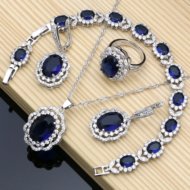 Women Silver 925 Costume Jewelry Sets Natural Black Stones Earrings Fashion Jewelry Gift for Her Party Bracelet Necklace Sets