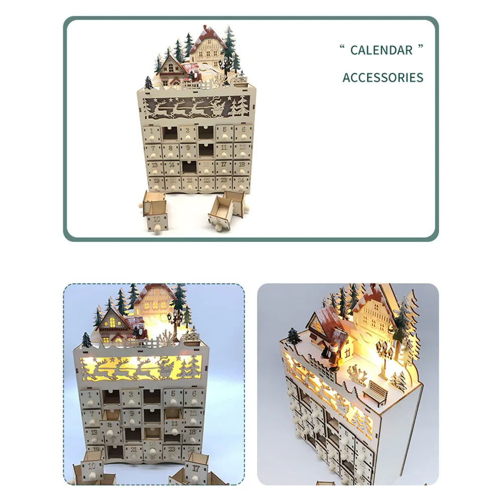 Wooden LED Village House Advent Calendar – Lighted Countdown with Drawers