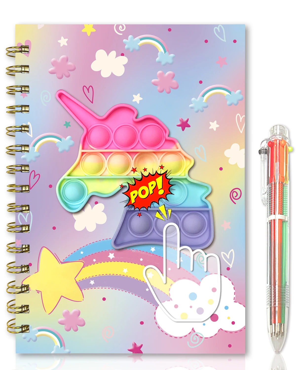 Pop Notebook for Kids, A5 Fidget Girls Diary Journal with 6 Multicolor Pen, Spiral Journal Writing Drawing Gifts Stuff Age 6 8 1