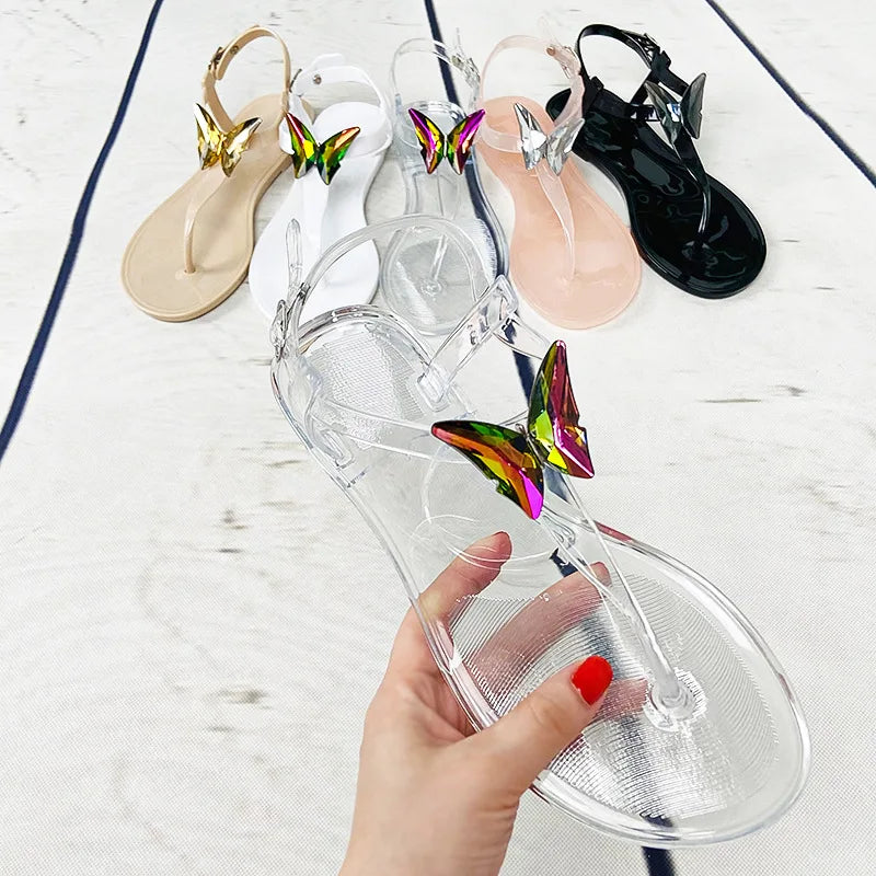 Size 36-42 Women Girls Jelly T- Tied Sandals INS Hot Sales Butterfky Transparent PVC Summer Beach Flip-flop Shoes S1064