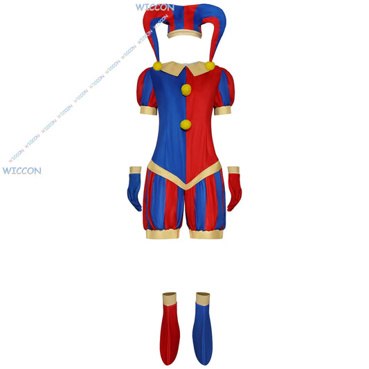 Pommni Clothes Hat CosRoom/Adult Kids Cartoon Circus Clown Cosplay Fullset Costume Wig Halloween Onesie Red Carnival Outfit Cute