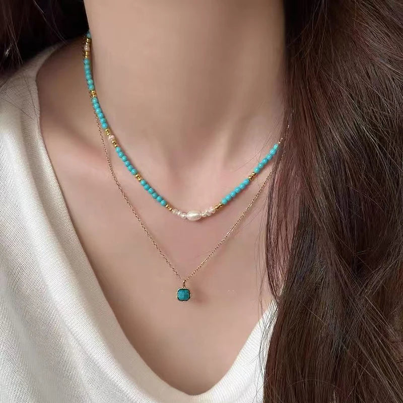 Elegant Double-layer Layered Imitation Turquoise Natural Pearl Beads Necklace Trendy Jewelry For Women's Sexy Collarbone Chain
