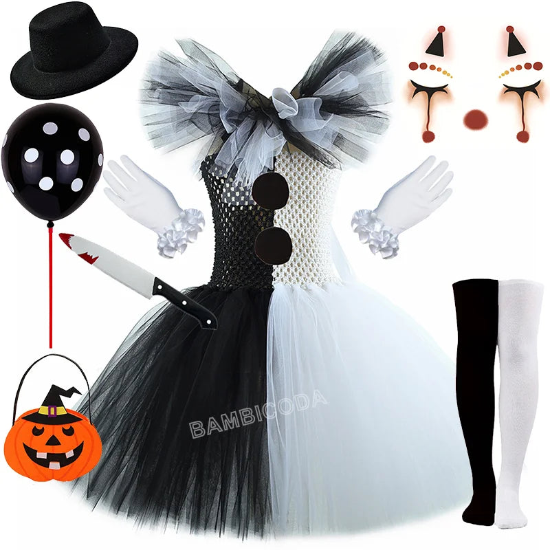 The Clown Costume Terrifier Art Girl Black White Fancy Tutu Dress Horror Joker Dress for Girls Halloween Carnival Party Costumes