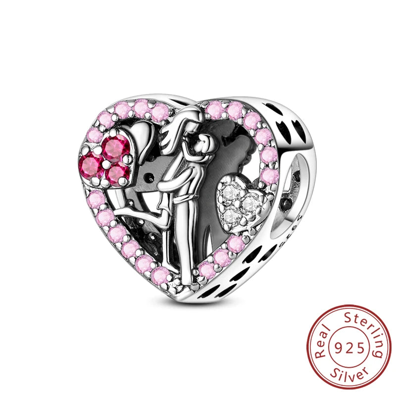 925 Sterling Silver Heart Shape Charm Beads Mother Daughter Family Pet Paw Beads Fit Bracelets Mother's Day Jewelry Gift