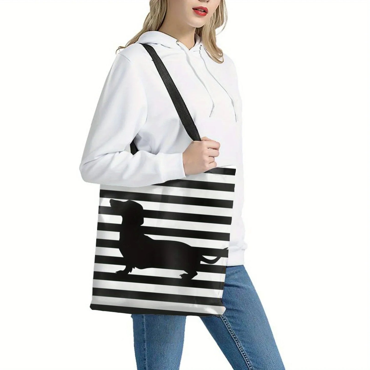 Chic Dachshund Print Tote Bag Large Capacity Casual Shoulder Handbag for Women Sturdy Polyester Reusable Grocery Shopping Bag