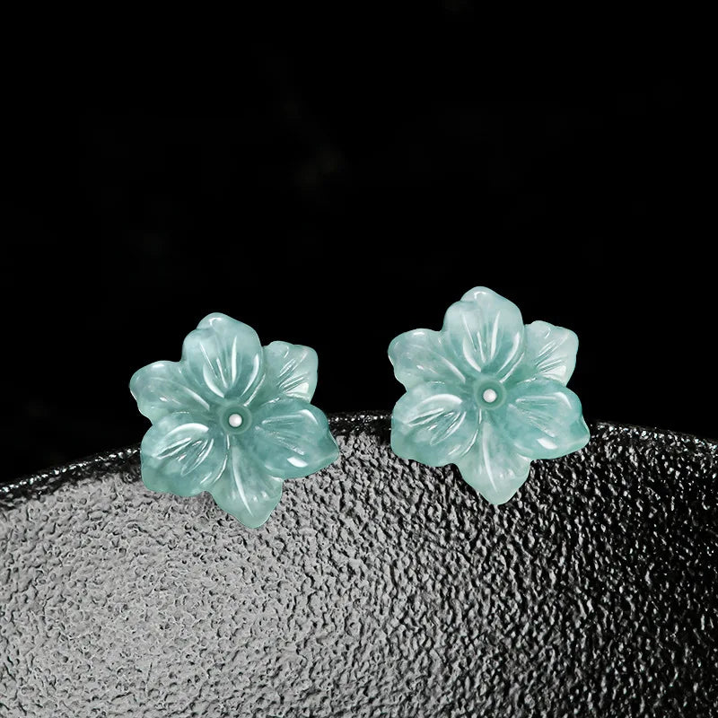 Natural A-grade Jade Blue Plum Blossom Earrings Ice Seed Jadeite Petals S925 Silver Inlaid Ancient Style Women's Gifts Jewelry