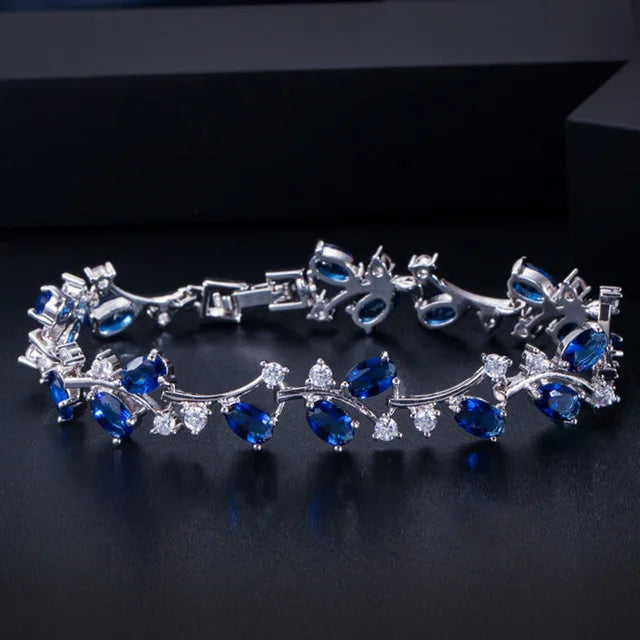 Pera Natural Royal Women Jewelry Silver Color Dark Blue CZ Crystal Leaf Chain Link Bracelets and Bangles for Party Gift B042