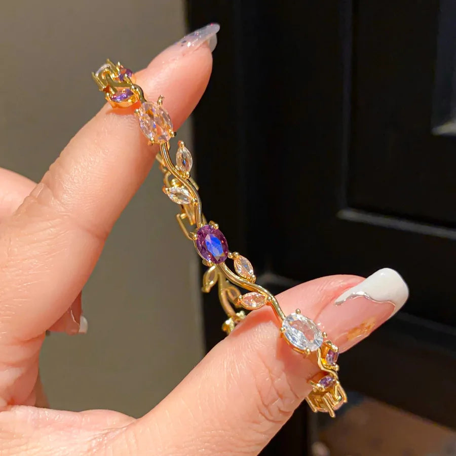 Natural Royal Women Jewelry Silver Color Dark Blue CZ Crystal Leaf Chain Link Bracelets and Bangles for Party Gift