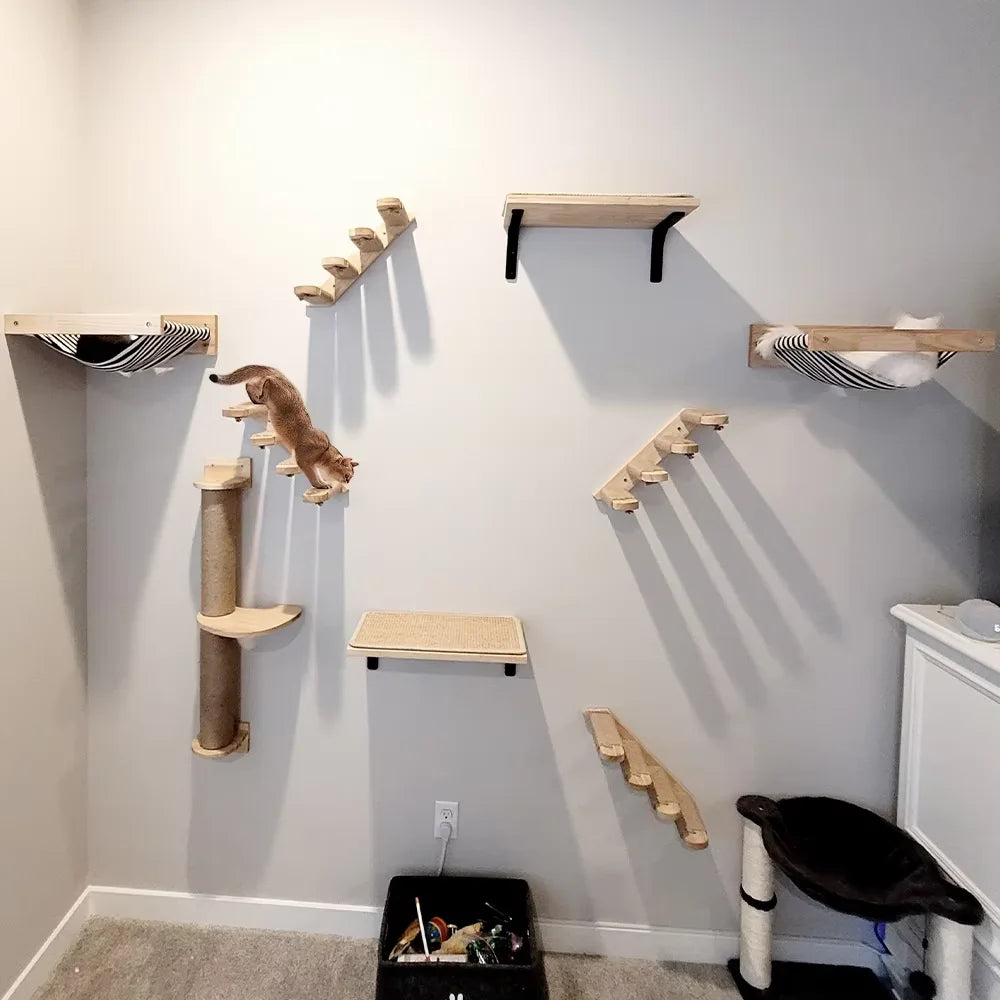 Wall Mounted Cat Climbing System Cat House Bridge Cat Hammock with Scratching Post & Stairway Kitten-Friendly Indoor Furniture