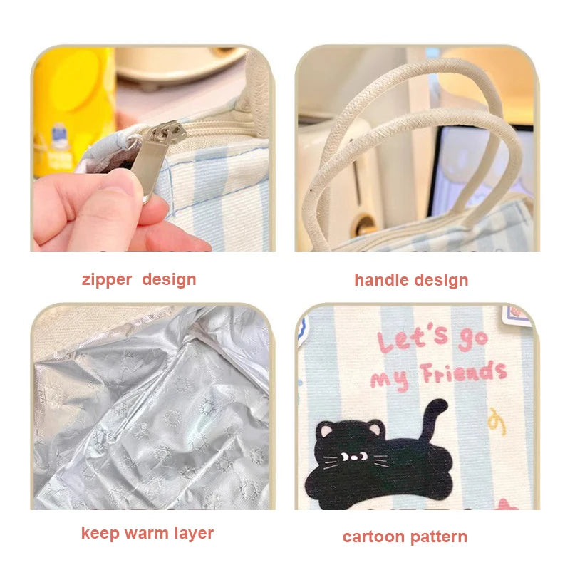 Cute Cat Thermal Lunch Bag For Women Girls Kawaii Portable Insulated Lunch Box Bag Bento Pouch Food Storage Bags For Kids Adults