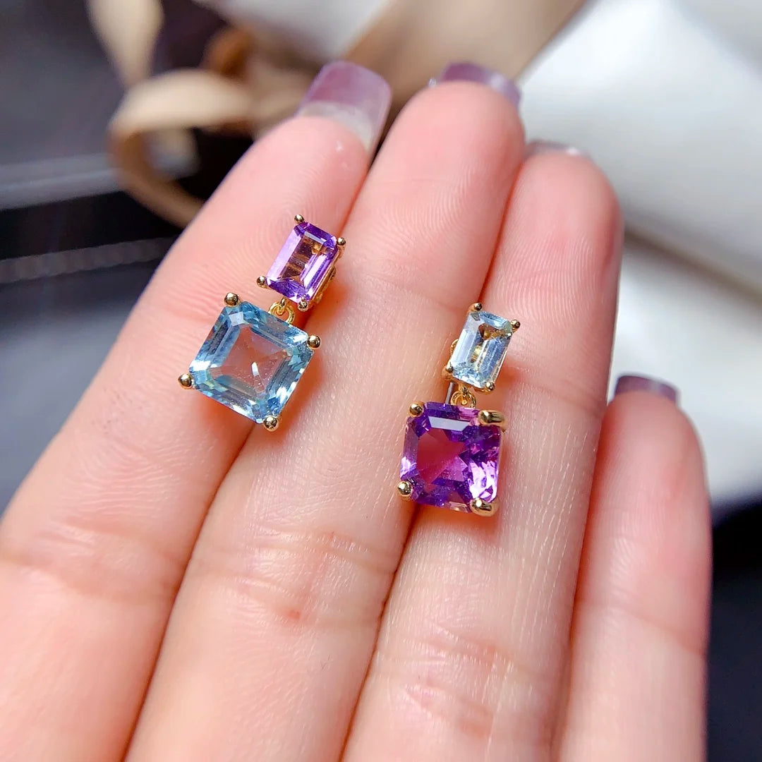 FS S925 Sterling Silver Natural Amethyst Topaz Asymmetric Earrings for Women Fine Charm Wedding Jewelry With Certificate MeiBaPJ