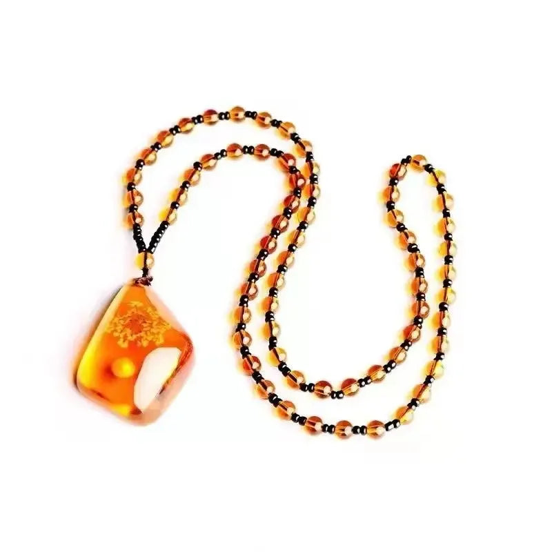Amber Beeswax Necklace Heart Flower Drops Imitation Yellow Jade Pendant for Women Unisex Unique Necklace Jewelry Gift