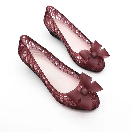 Resillee Women  Hollow Out Bow Knot Jelly Shoes Summer Breathable PVC Ballet Flats Low Wedge Waterproof Beach Casual Sandal