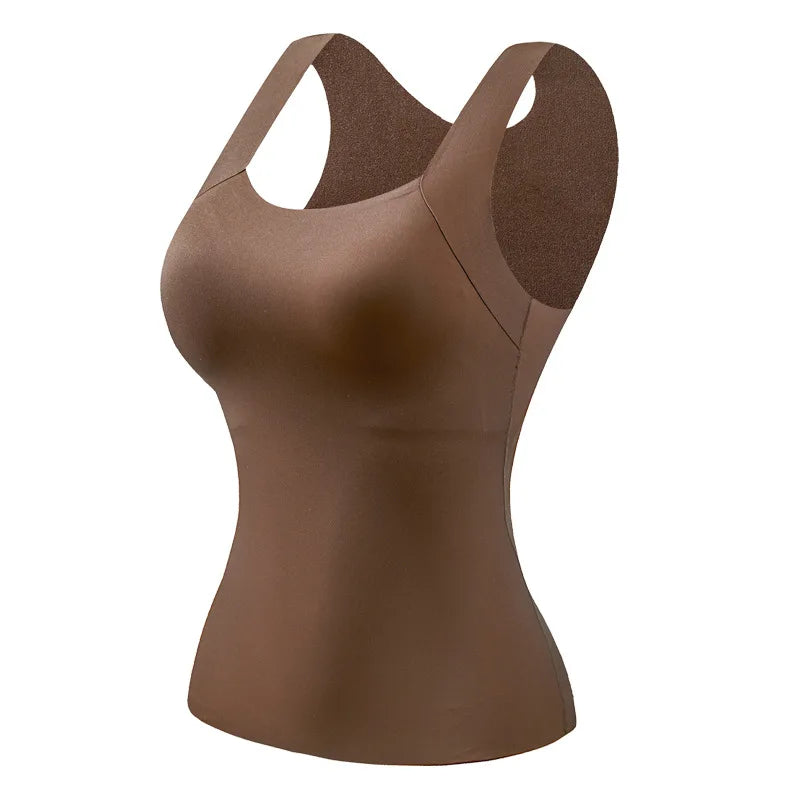 For 40-90kg Autumn Seamless Plus Size Thermal Vest With Build-in Bra For Women Fixed Cup Beauty Skin Tank Tops Square Collar