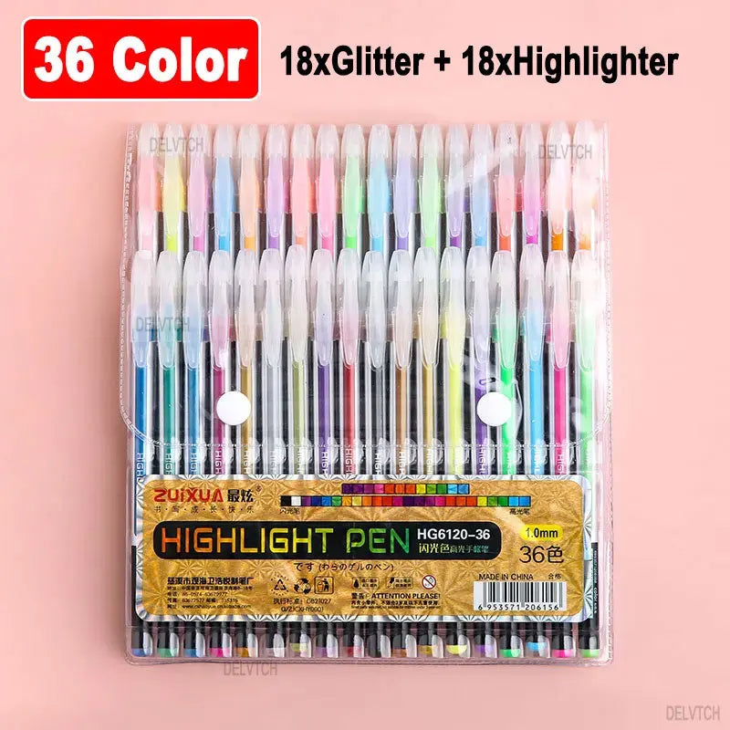 DELVTCH 12/24/36/48 Color Set Glitter Metallic Highlighter Gel Pen 1.0mm Tip For Art Marking Painting Drawing Kids Graffiti Gift