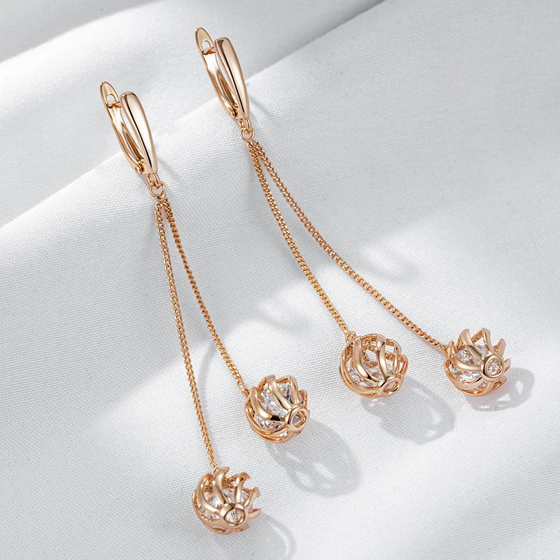 Kinel Hot Trend Long Tassel Dangle Earrings For Women Fashion 585 Rose Gold Color Natural Zircon Fine Daily Jewelry Crystal Gift