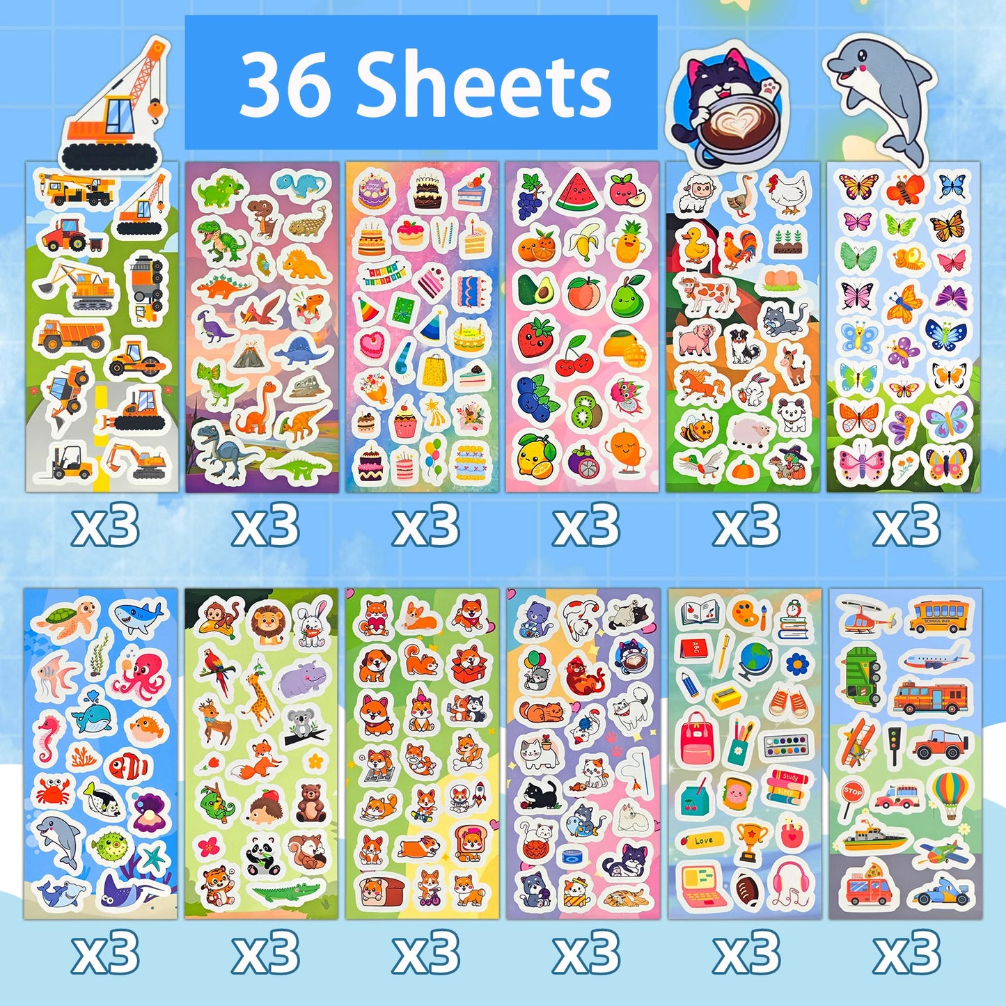 12-36 Sheets Stickers Bulk for Kids Scrapbooking Including Animals, Fruits, Dinosaurs, Cats, Fish, Cars and More, Party Favors f