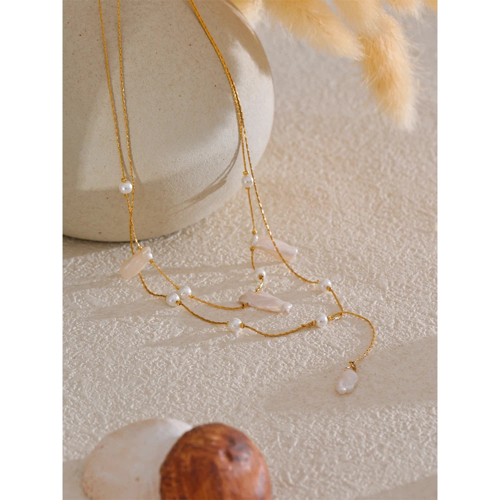Yhpup Exclusive Design Baroque Natural Freshwater Pearls Luxury Necklace Stainless Steel Double-Layer Chain Premium Jewelry Gift