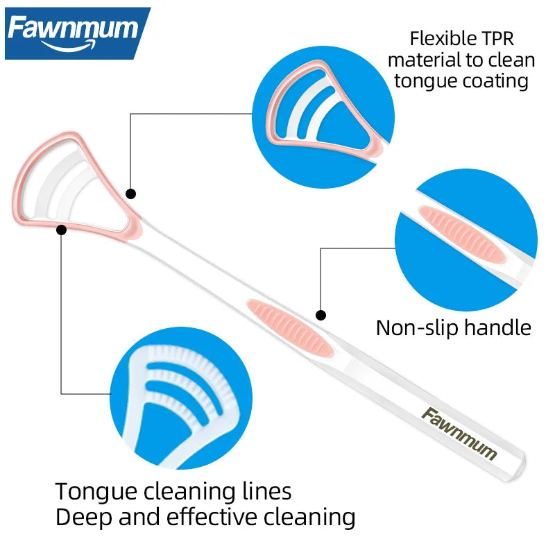 2PC Fawnmum Dual Uses Tongue Scraper Cleaners Reusable Oral Health Cleaning Brush Hygiene Care Toothbrush Mouth Fresh Breath