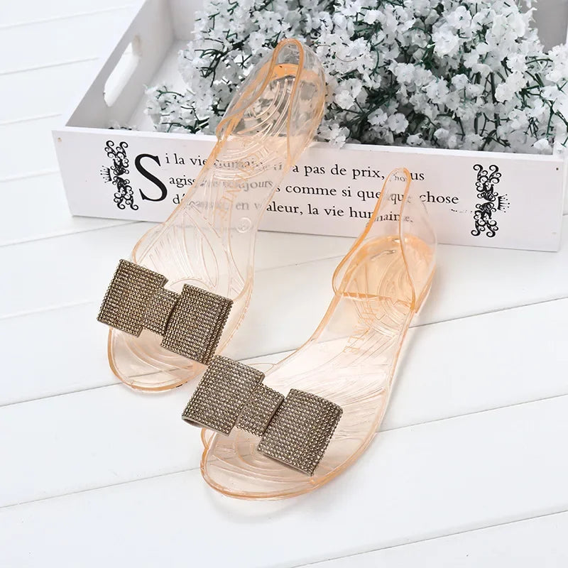 Comemore 2021 New Women Sandals Summer Bling Bowtie Jelly Shoes Woman Casual Peep Toe Transparent Sandals Flat Comfortable Beach