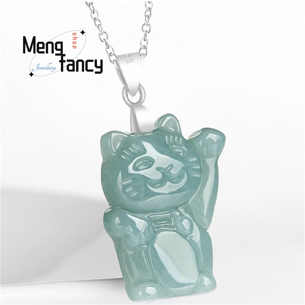 Natural A-goods Jadeite Blue Water Fortune Cat Jade Pendant S925 Silver Inlay Exquisite Cute Mascot Best Selling Fashion Jewelry