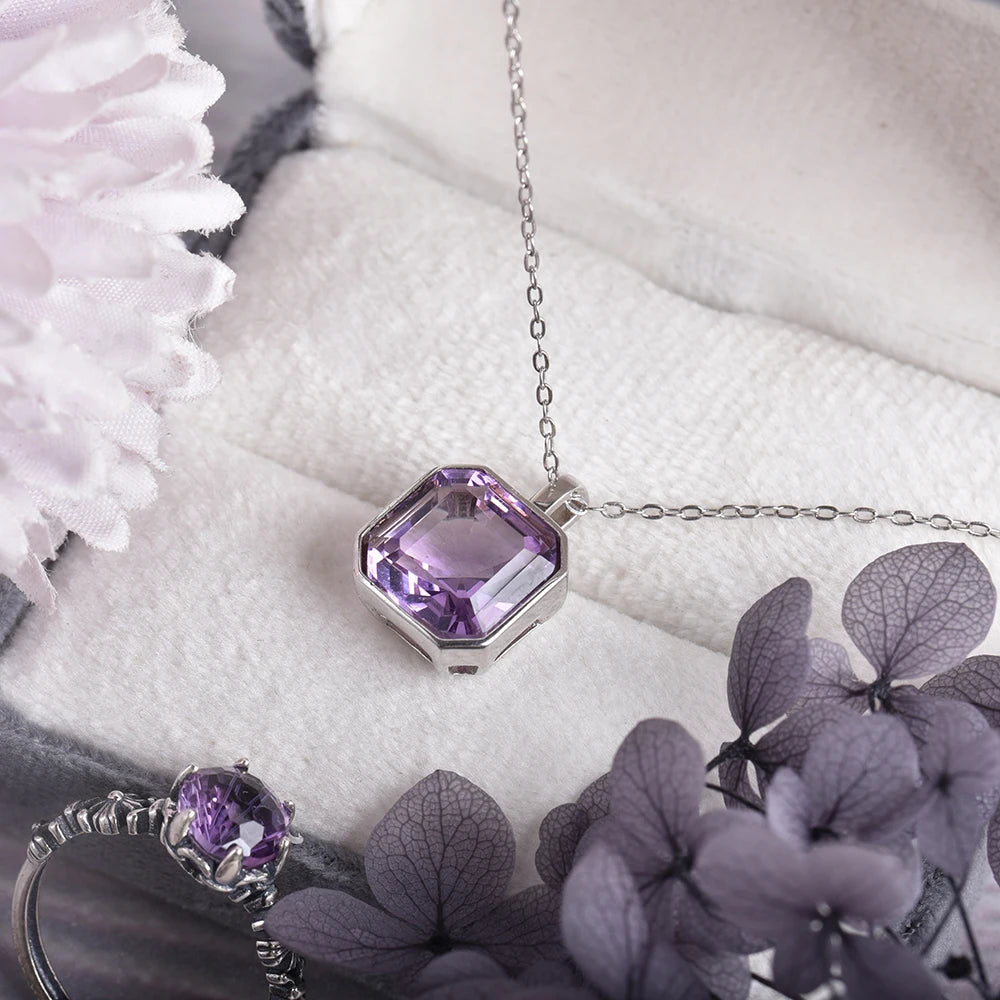 ITSMOS Amethyst Emerald Cut Pendant Necklaces s925 sterling silver Diamond Natural Crystal Necklace Vintage for Women Jewelry