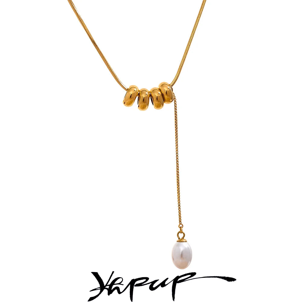 Yhpup Stainless Steel Round Beads Chain Drop Imitation Pearls Fashion Necklace Elegant Charm Jewelry бижутерия для женщин