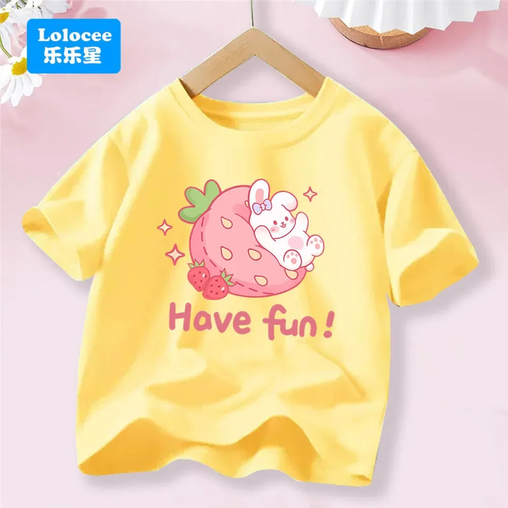 3-14T Kid Clothes Summer Cotton T Shirt Short Sleeve Top Beauty Tulip Flower and Rabbit Print Tee Childrens Candy Color Tshirt