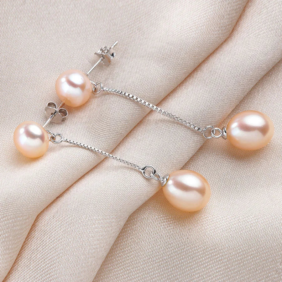 HENGSHENG New Simple 925 Sterling Silver Drop Dangle Earrings Double Natural Freshwater Pearls Fashion Jewelry For Wedding Women