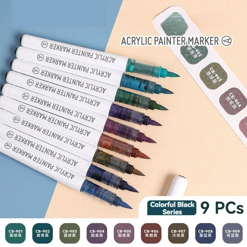 9pcs/Box Mix Color Acrylic Markers Set Art Rock Painting Pens Kids Gift Graffiti For Stone Glass Book Shoes DIY Craft Supplies