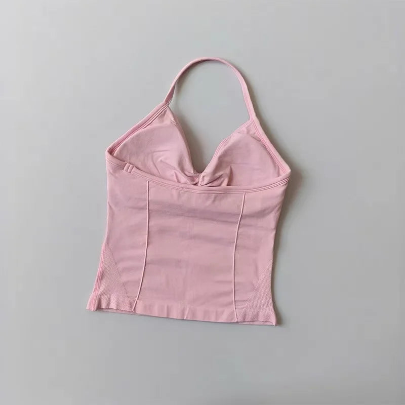 Sexy Halter Neck Beautiful Back High Waist Peach Sports Bras Shorts Suit Pilates Gathering Yoga Vest Training Fitness Bra Sets