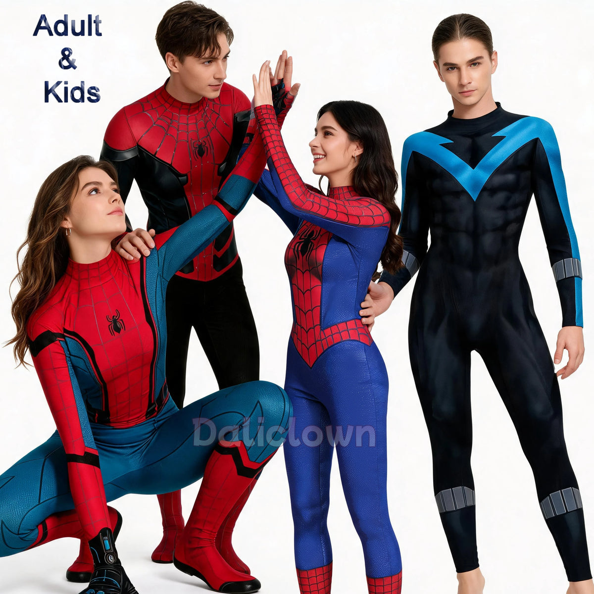 Adult Kids Spidey Costume Nightwing Superhero Zentai Suit Jumpsuit Men Women Cosplay Bodysuit Halloween Party Outfit