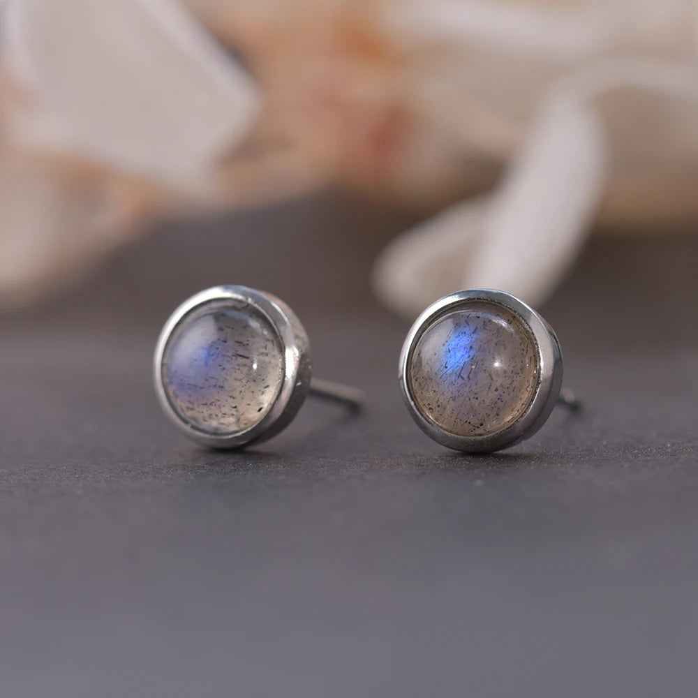 ITSMOS Geometric Labradorite Sterling Silver Earrings Round Retro Natural Gemstone Studs Luxury Wedding Jewelry for Women