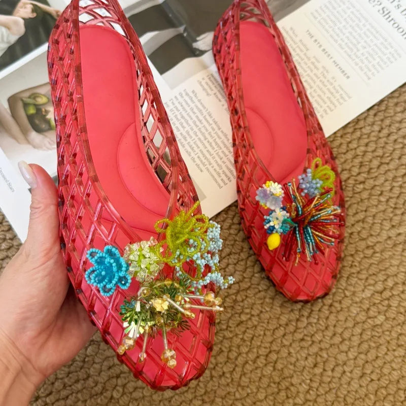 Women's Colorful Hollow Grid Flat Sandals Summer Ladies Flat Jelly Shoe DIY Non-slip Vacation Beach Shoes with Shoes Accessories