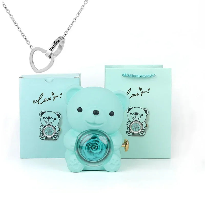 Mini Delicate Heart Engraved Necklace Lovely Bear Jewelry Boxes Valentine's Day Mother Day Birthday Gift Paper Bag Set