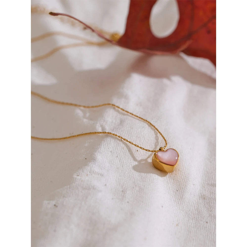 Yhpup Valentine's Day Gift Pink Shell Heart Thick Necklace Pendant Stainless Steel Cute Charm Exquisite Jewelry New