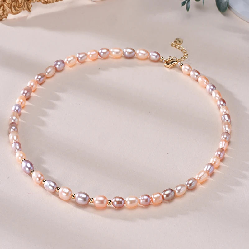 Natural Freshwater Pearls Rice Shape Multicolored Necklace Golden Beads S925 Sterling Silver Chain Fine Jewelry Gifts for Women