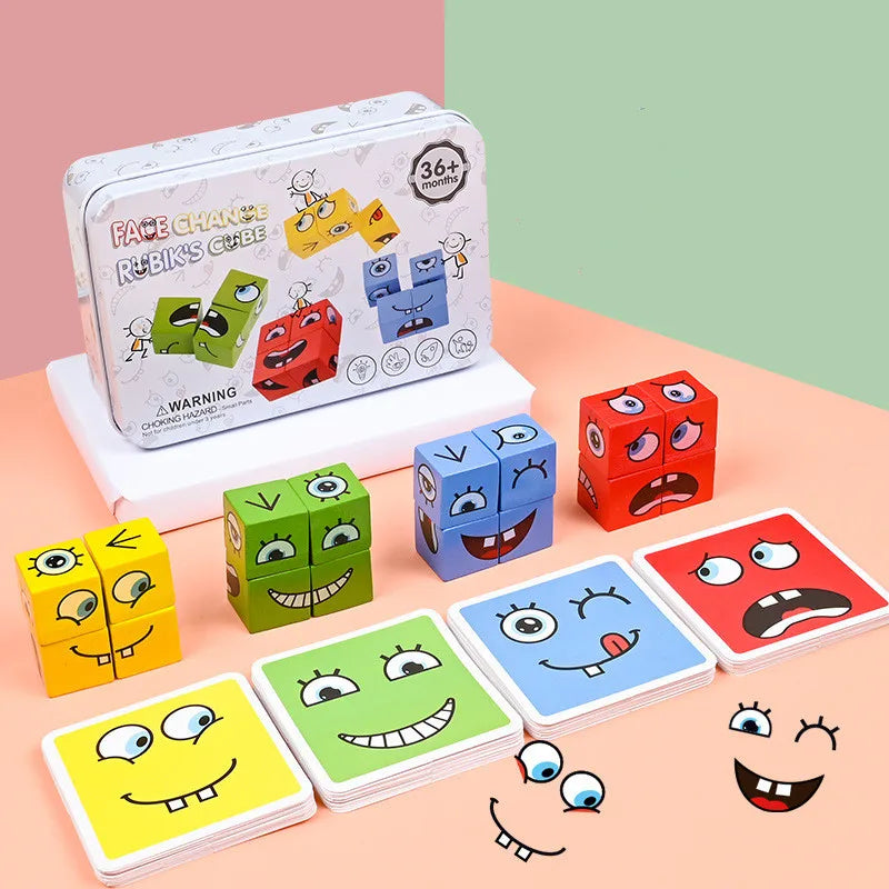 Face Changing Building Blocks Cartoon Cube Board Game Wooden Puzzle Montessori Anxiety Stress Relief Toys For Children Kids
