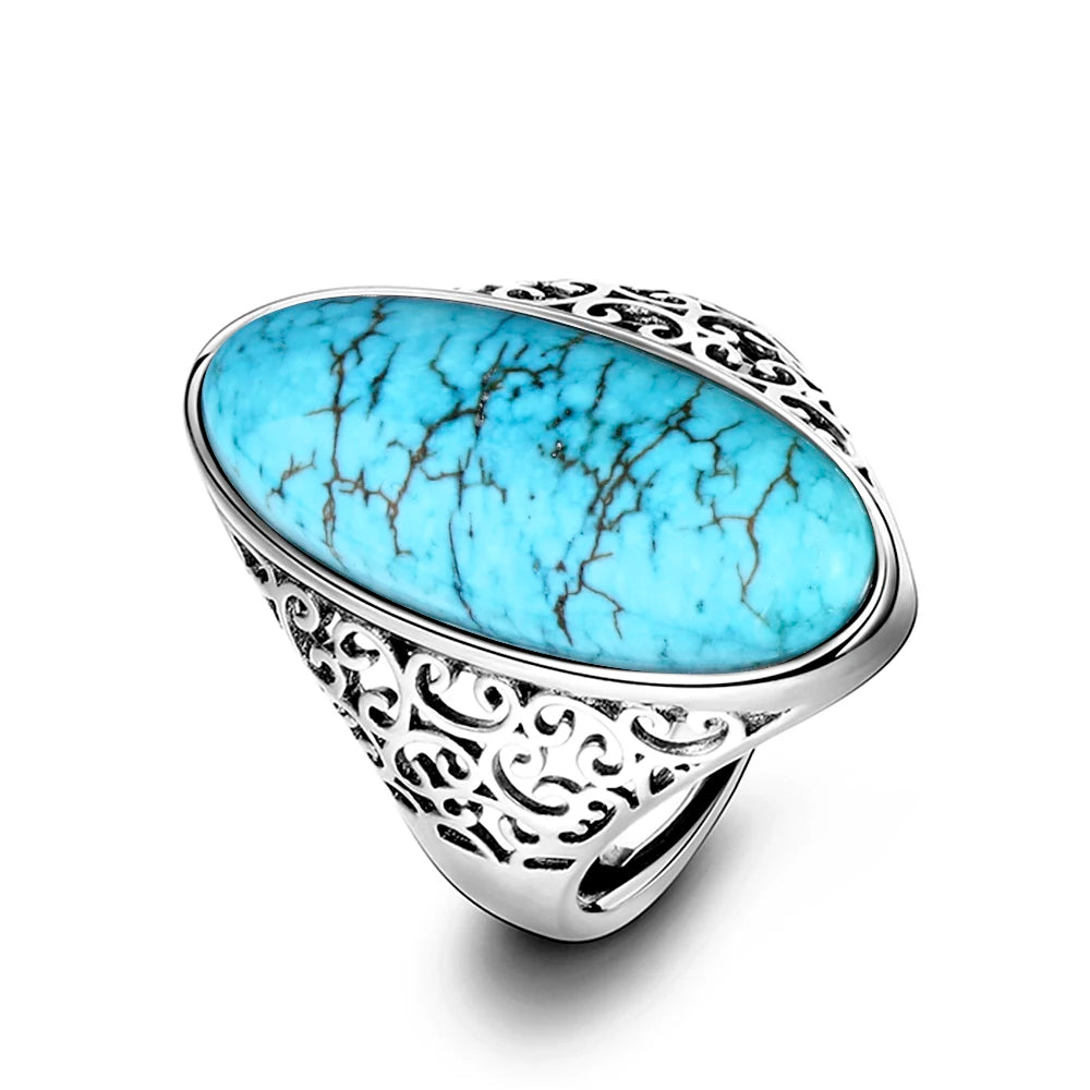 S925 Silver Oval Natural Turquoise Rings for Men Women Silver Fine Jewelry