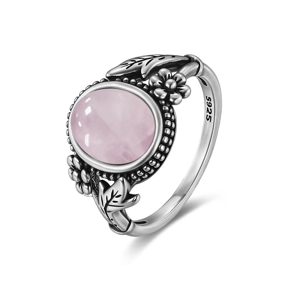 Vintage S925 Sterling Silver Natural 8*10mm Larimar Stone Ring Gift Flower leaf Shaped Moonstone Ring Fine Jewelry For Women
