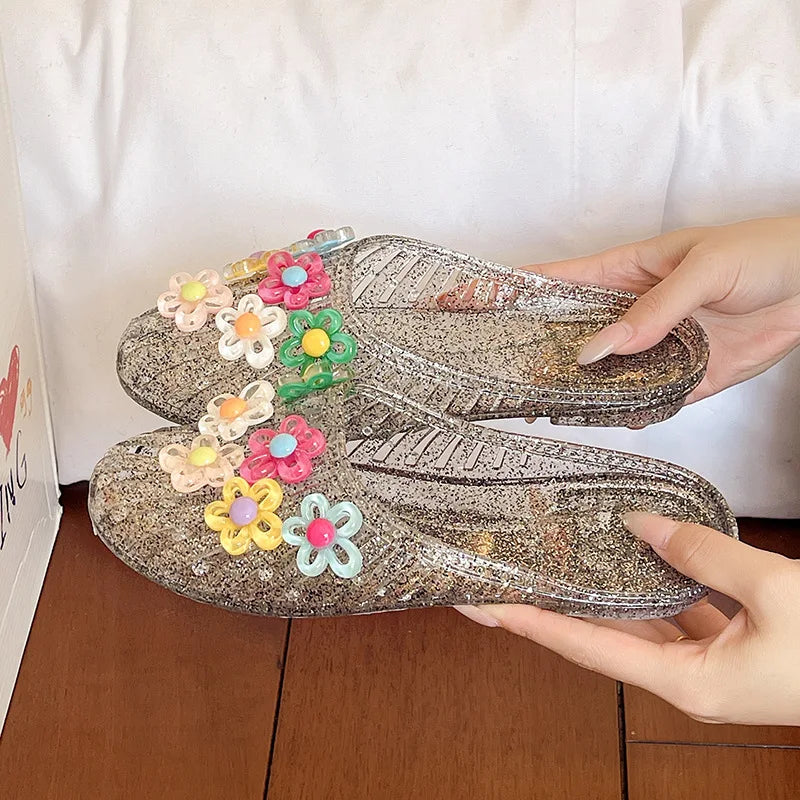 Fashionable Jelly Shoes Women's 2026 Summer Korean Style DIY Colorful Flower Mules Sandals Woman Transparent Crystal Beach Slide