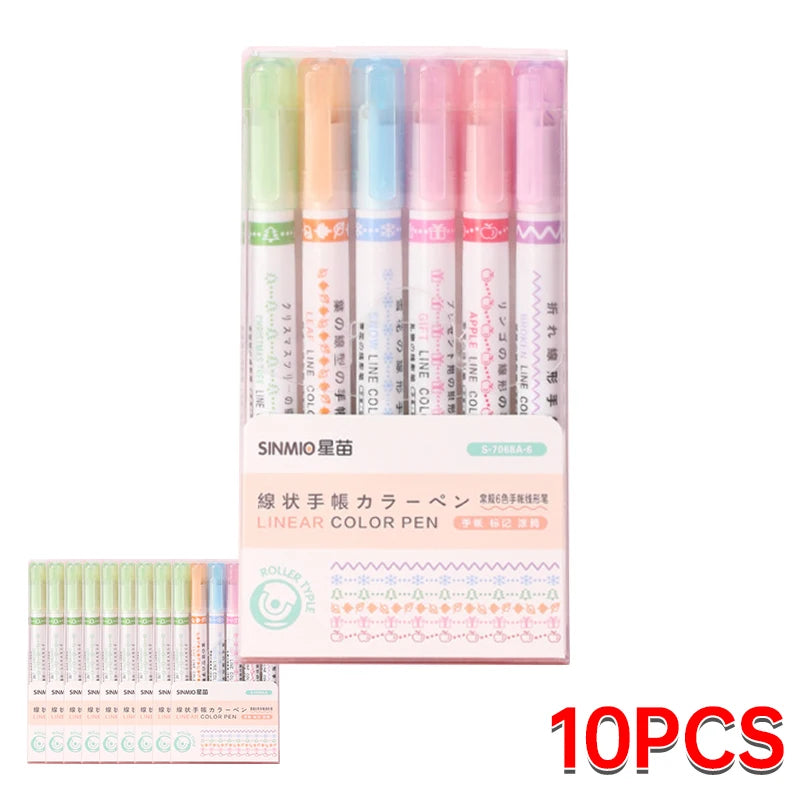 6Pcs Set Flower Shape Outline Pens Highlighter Marker Curve Roller Tip Pen Cute Stationery Kawaii Graffiti School Accessories