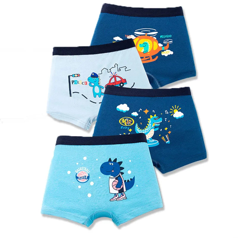 4-Pack Boy Boxer Brief High Quality Cotton Breathable Children Boxers Dinosaur Plaid Car Patterns Kids Underwear Age 3-14Years