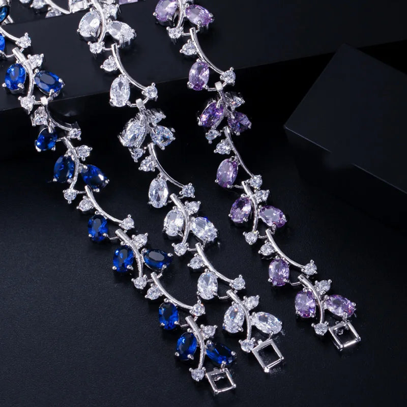 Pera Natural Royal Women Jewelry Silver Color Dark Blue CZ Crystal Leaf Chain Link Bracelets and Bangles for Party Gift B042