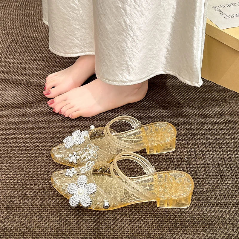 Luxury Rhinestore Flower Pvc Gladiator Sandals Women Summer 2026 Korean Style Crystal Jelly Shoes Lady Thick Heel Mules Slippers