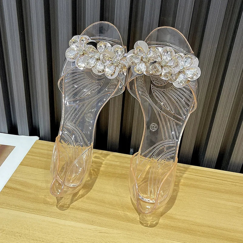 2026 Summer Women Glitter Sequins Jelly Sandals Clear Crystal Flat Peep Toe Transparent Outdoor Casual Slip On Footwear