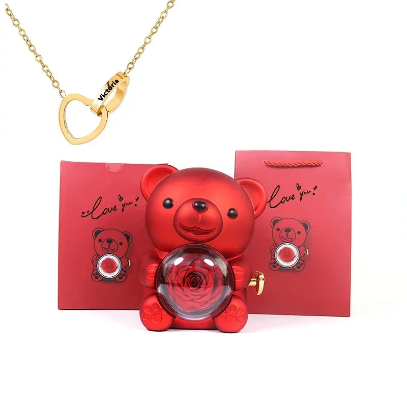 Mini Delicate Heart Engraved Necklace Lovely Bear Jewelry Boxes Valentine's Day Mother Day Birthday Gift Paper Bag Set