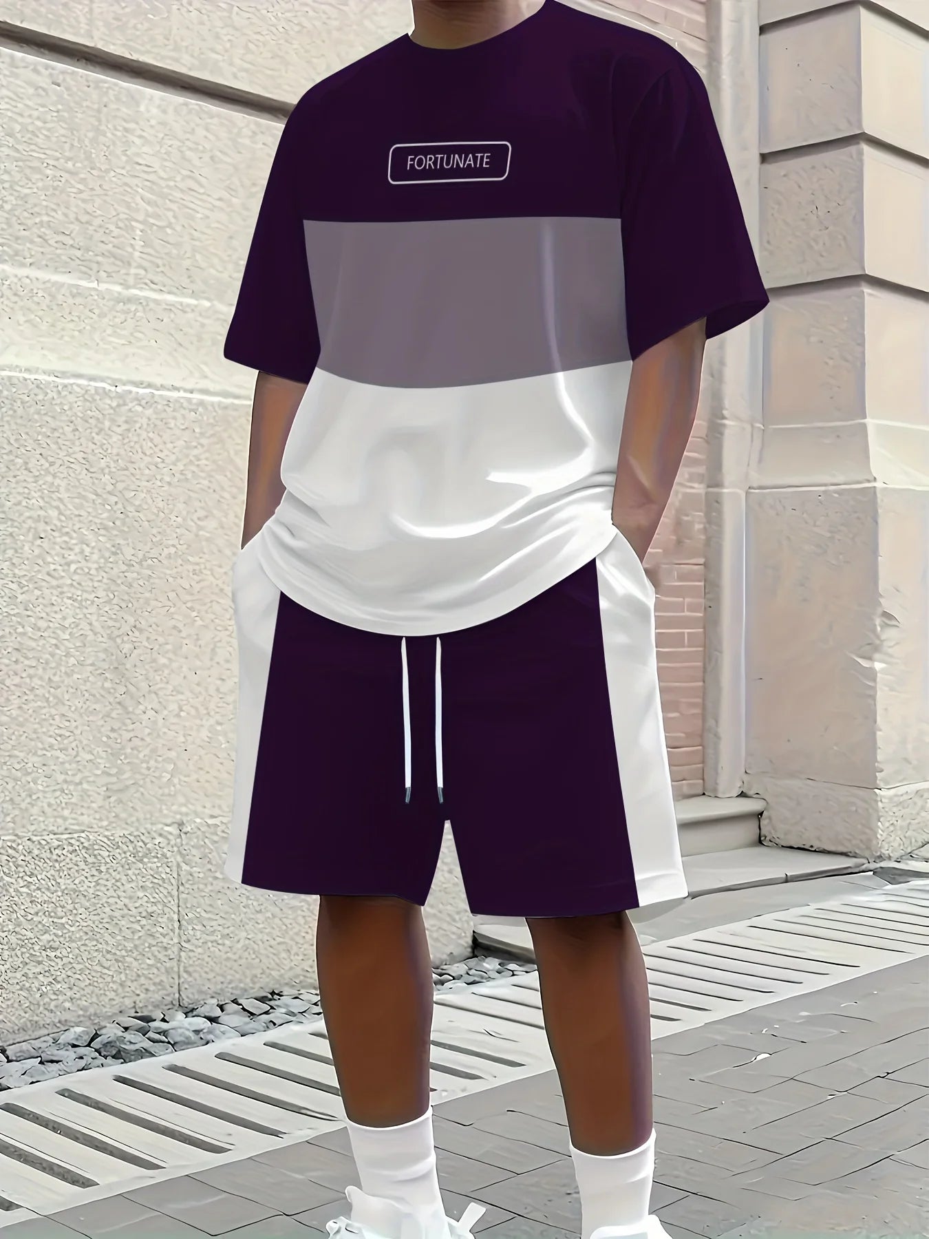 2026 Casual Men's Set Summer Apparel Color-Blocked Short-Sleeve Top Relaxed Drawstring Shorts Stylish Streetwear Ensemble